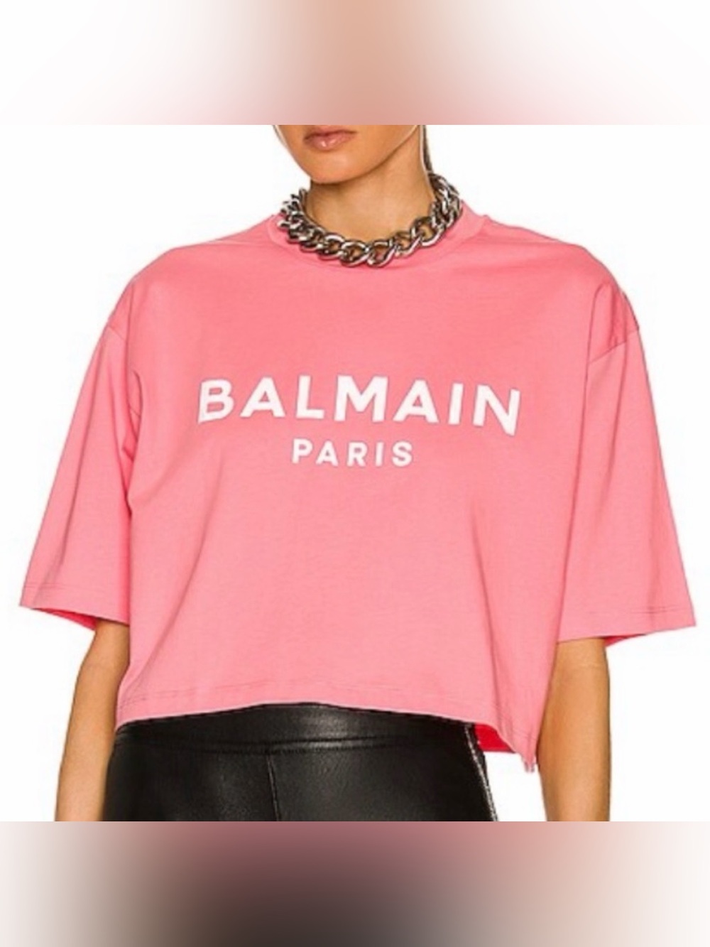 Balmain Pink Logo Cropped Tee
